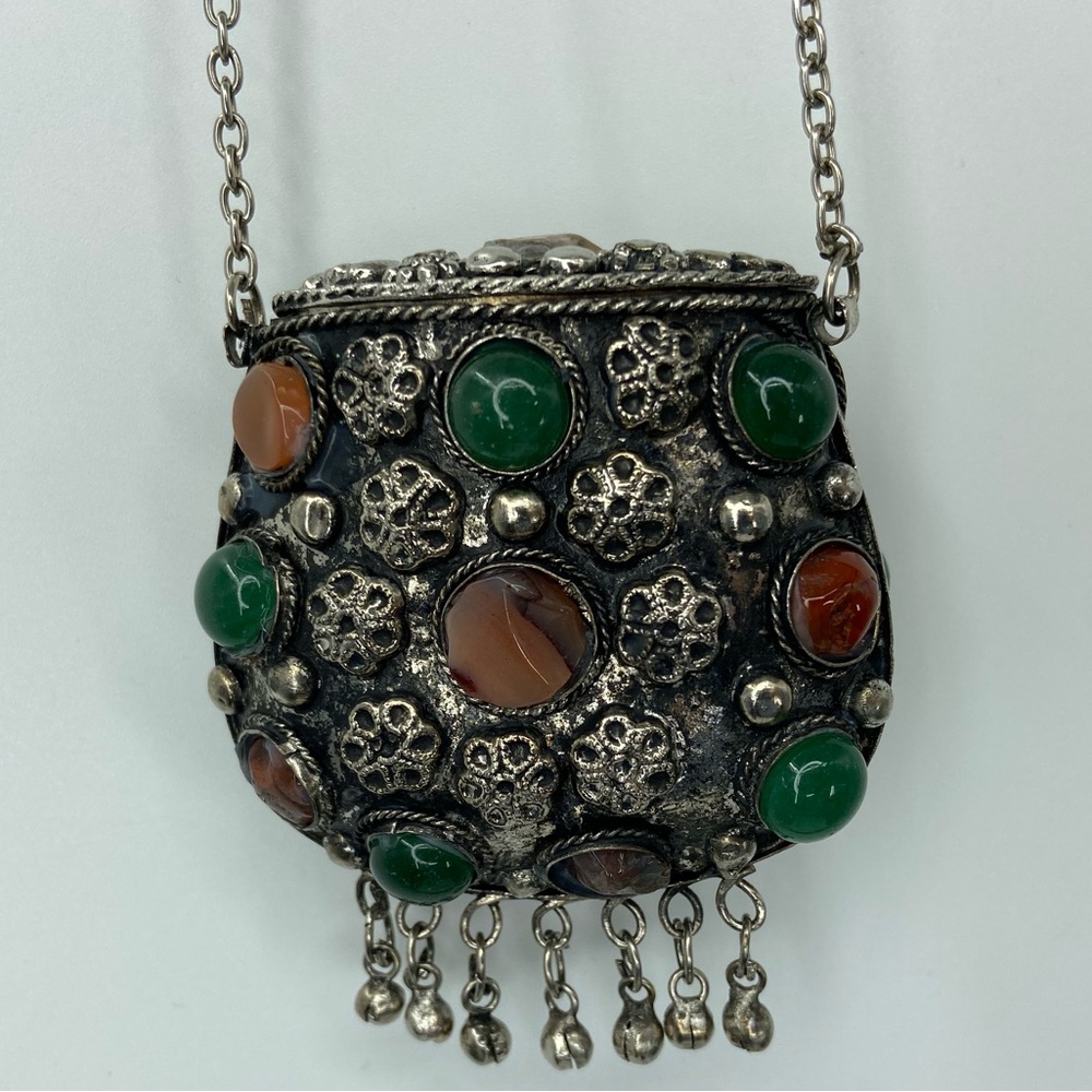 Vintage Sajai metal coin purse Necklace set with semi precious stones on a chain